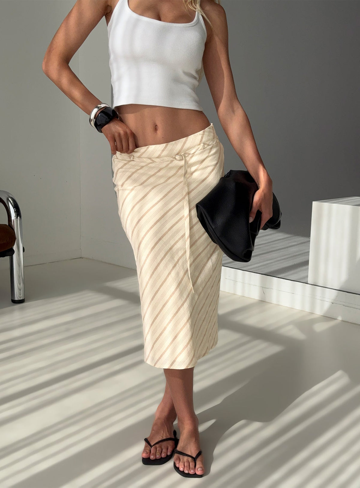 Asmara Tie Side Midi Skirt Yellow Stripe
