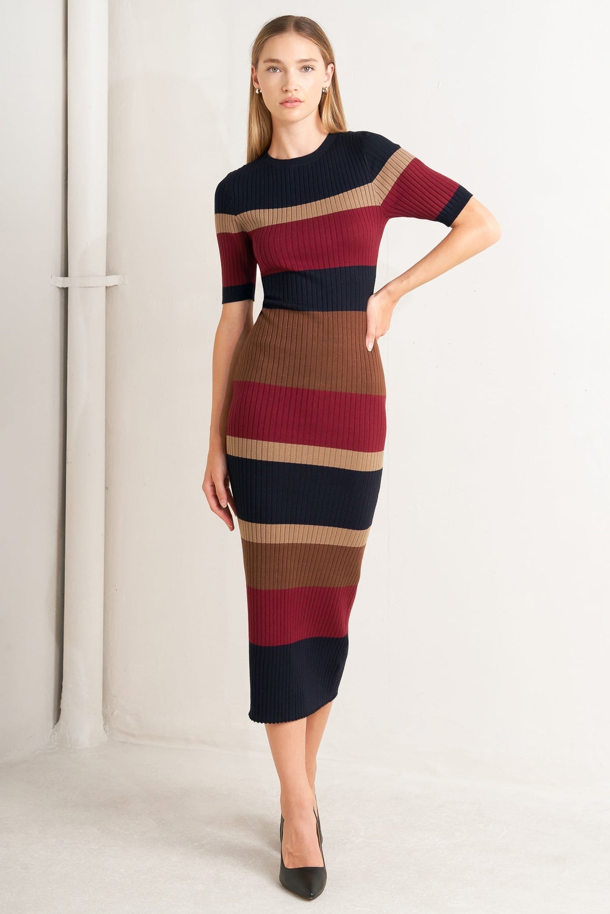 BLACK & BURGUNDY COLOR BLOCKED MIDI SWEATER DRESS - FINAL SALE