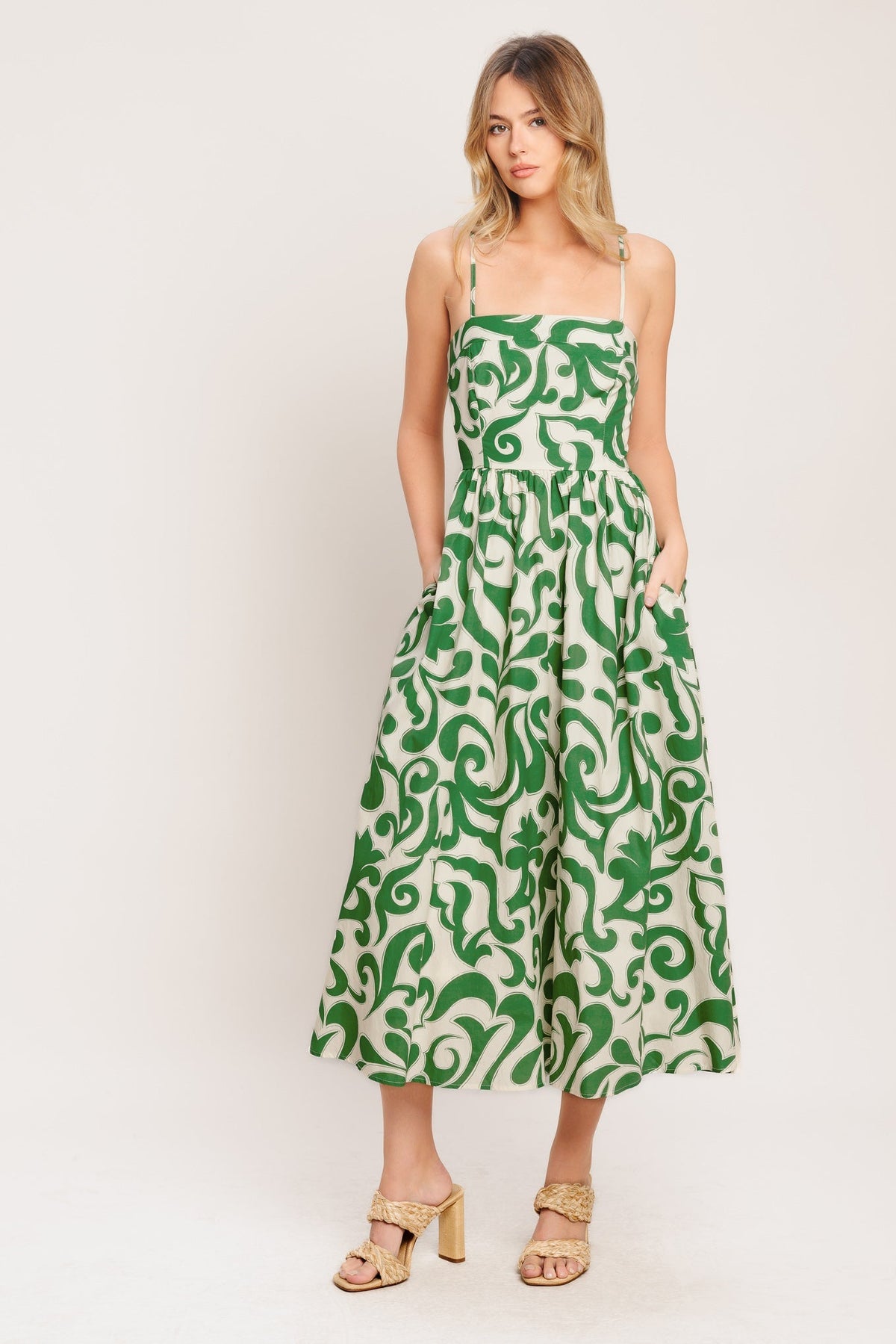 ART NOUVEAU FLORAL GREEN MIDI DRESS - FINAL SALE