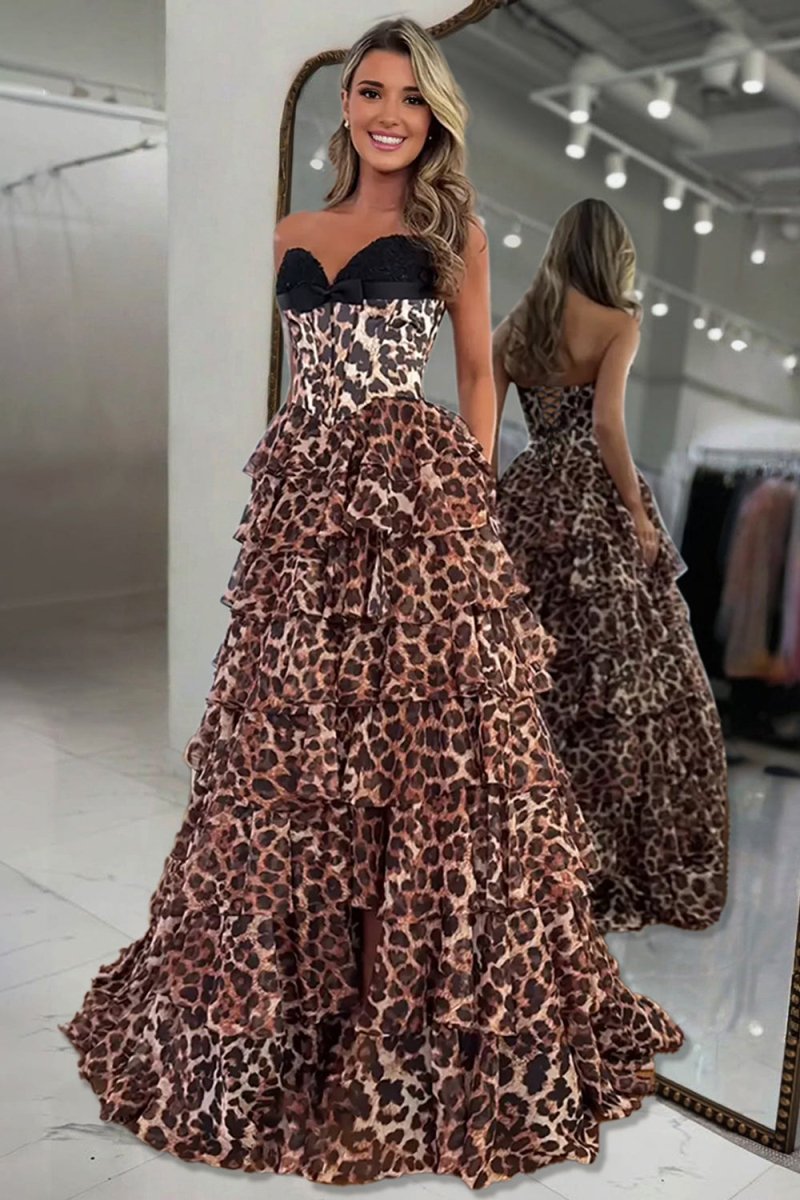 Leopard A Line Chiffon Sweetheart Corset Long Prom Dresses with Tiered Ruffles