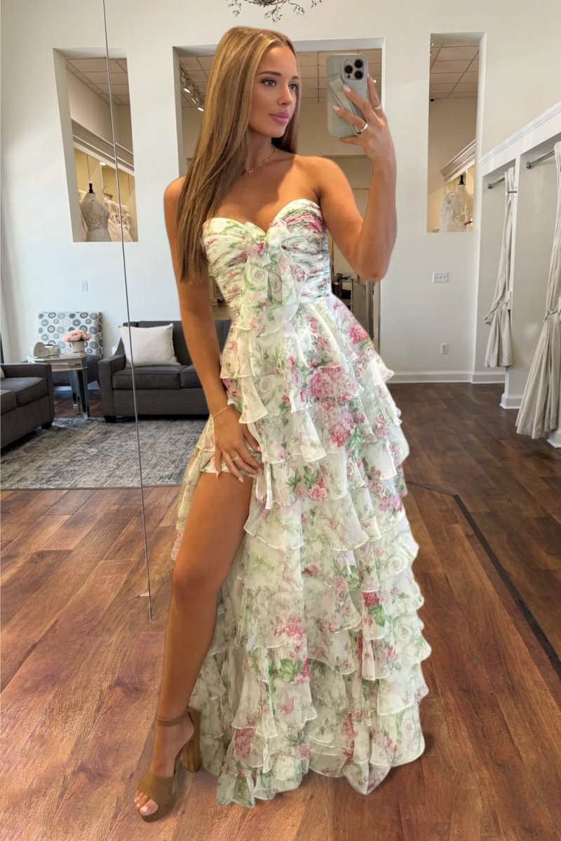 Ivory Sweetheart A Line Floral Chiffon Ruffled Formal Prom Dresses With Slit