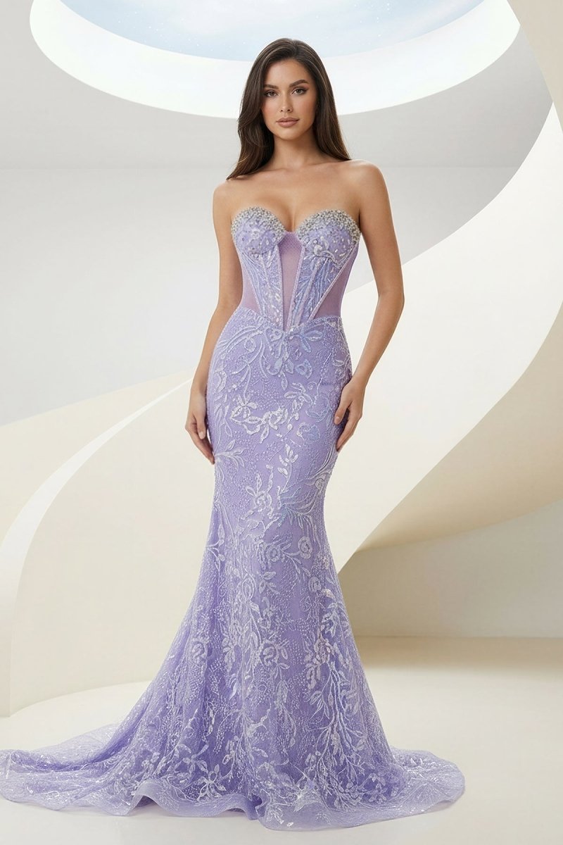 Lilac Sweetheart Mermaid Sequined Lace Formal Prom Dresses With Beading