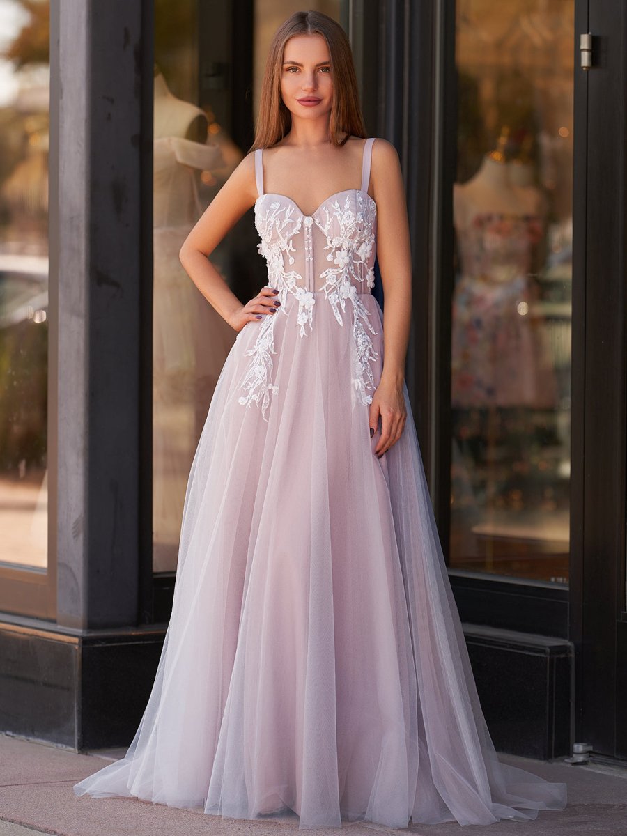 Lavender A-line Spaghetti Straps Neckline Tulle Sweep Train Prom Dress