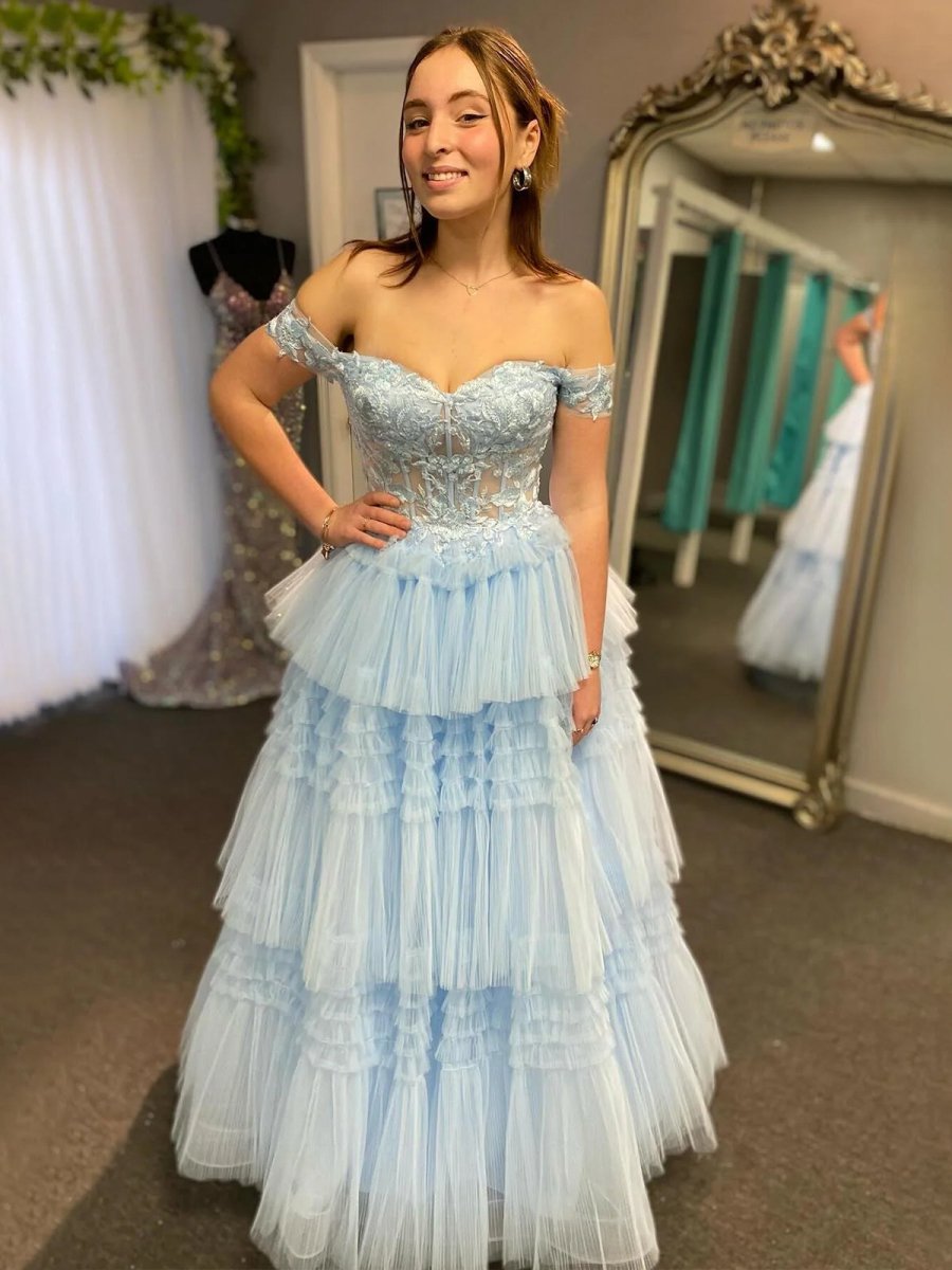 Light Blue Off the Shoulder Tulle Prom Dress With Appliques