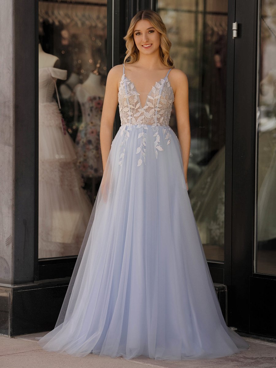Light Blue Spaghetti Straps Lace-Up Appliques Tulle Long Prom Dress