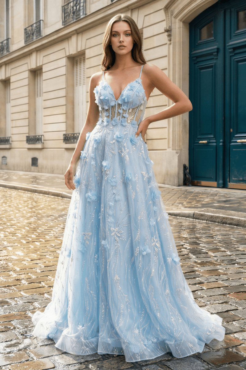 Light Blue 3D Flower Lace Spaghetti Straps A-Line Long Prom Dress