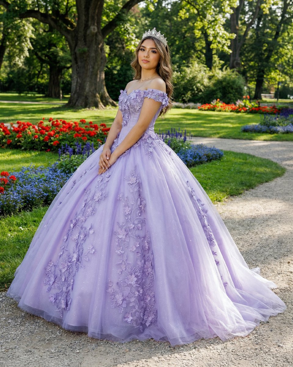 Lavender Off The Shoulder Tulle Appliques Ball Gown Dress