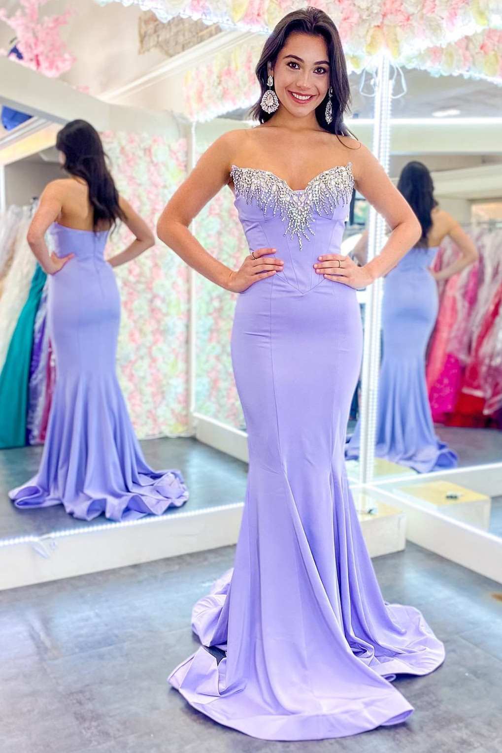Lavender Sweetheart Trumpet Long Formal Gown with Rhinestones