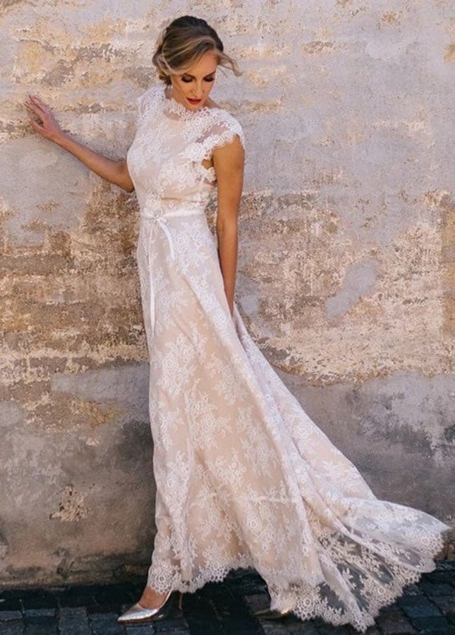 Light Champagne Lace Appliques A Line Cap Sleeve Sexy Backless Bridal Gown